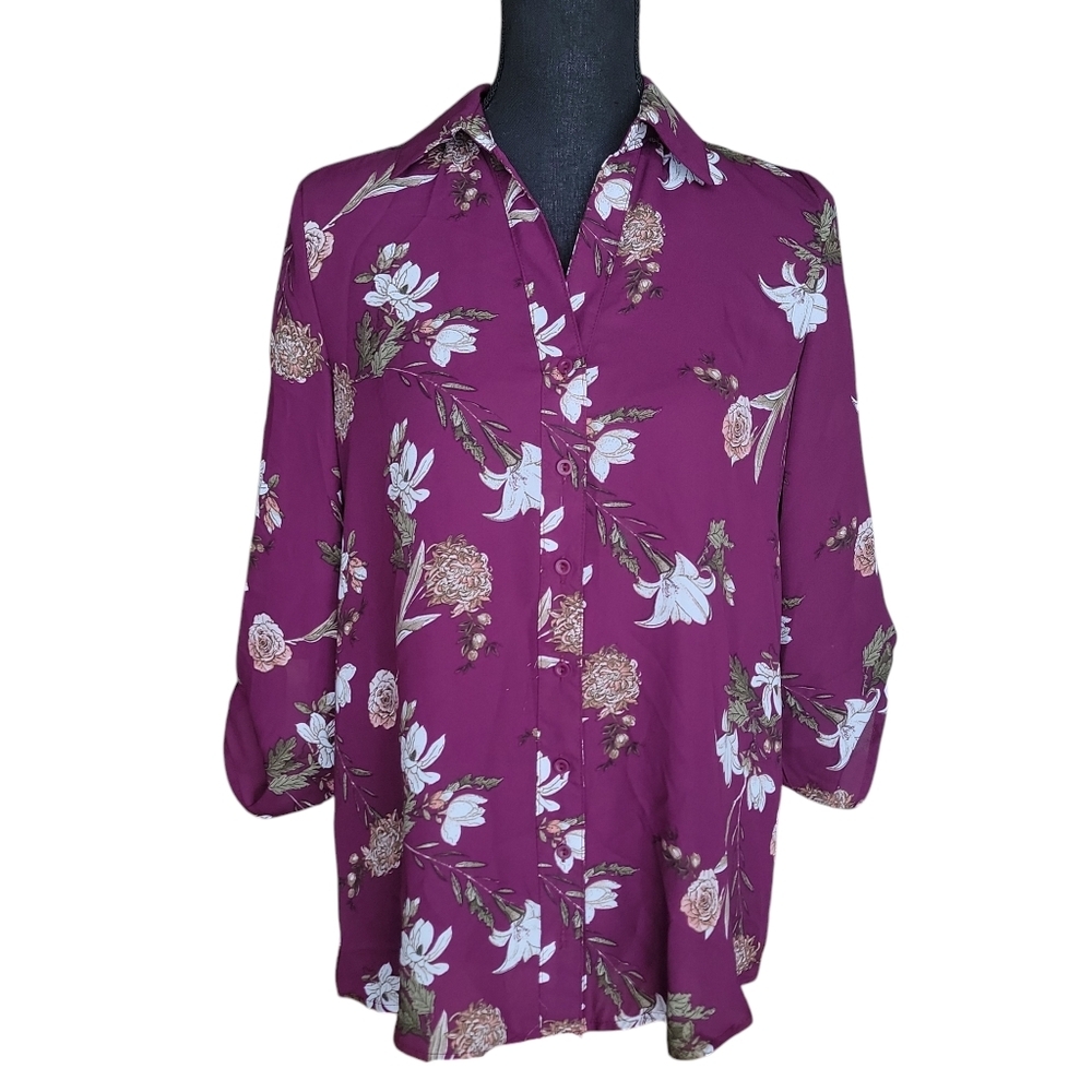 Justify Plum Floral Button Front Lace Back Blouse Women's Size S